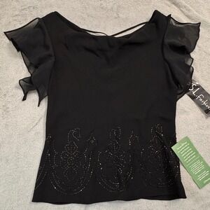 NWT SL Fashions Black Beaded Flutter Sleeve Lace Up Back Evening Top Size 14